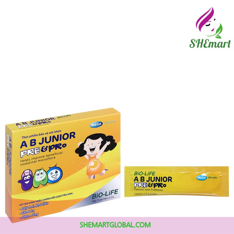 A.B. Junior Pre & Pro is a food supplement containing both probiotics and prebiotic for children.