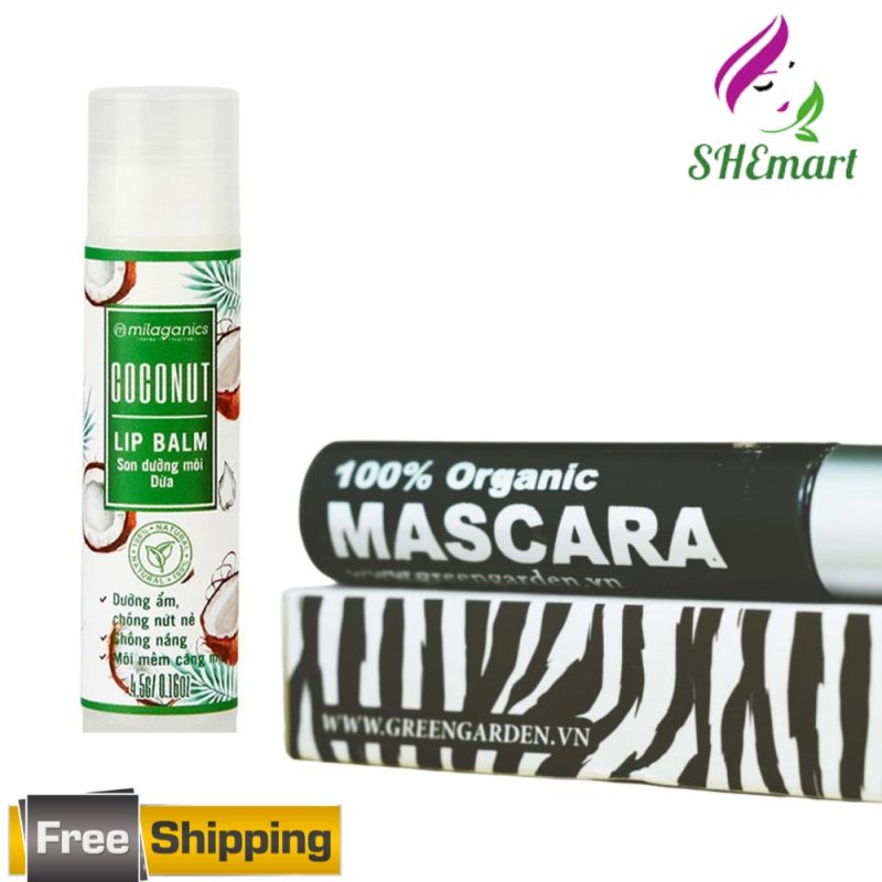 Set of 2 products includes Milaganics Natural Smooth Coconut Lip Balm and Green Garden Coconut Oil Mascara.