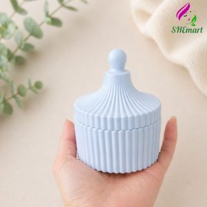 SCENTED CANDLE JAR – WHITE STRIPED ROUND WITH LID | DUBAI STYLE CUP 10x8 – HOME DECOR