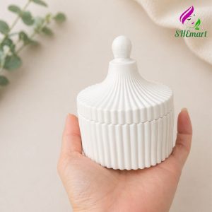 SCENTED CANDLE JAR – WHITE STRIPED ROUND WITH LID | DUBAI STYLE CUP 10x8 – HOME DECOR whiite color
