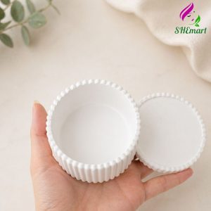 SCENTED CANDLE JAR – WHITE STRIPED ROUND WITH LID | DUBAI STYLE CUP 10x8 – HOME DECOR white