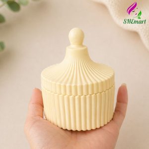 SCENTED CANDLE JAR – WHITE STRIPED ROUND WITH LID | DUBAI STYLE CUP 10x8 – HOME DECOR yellow